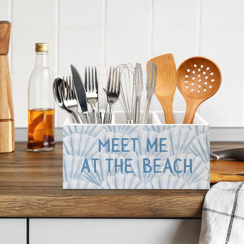 KBRCT Blue Coastal Beach Seashell Wooden Utensils Holder, Meet Me at The Beach Ocean Beachy Wood Cooking Utensil Holder Organizer for Kitchen Countertop Counter Decor Accessories - Image 5